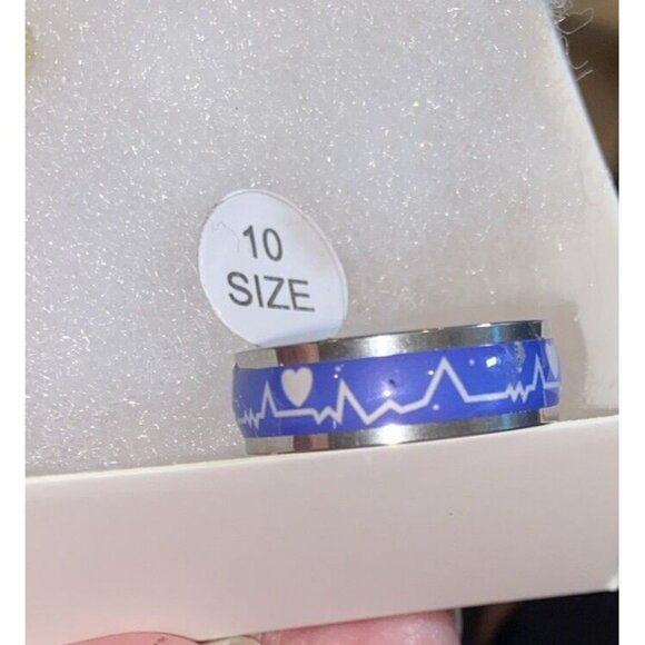 Stainless Steel & Enamel Ring Heart & EKG On Blue Background 20mm-Boxed-Size 10 - Picture 3 of 3